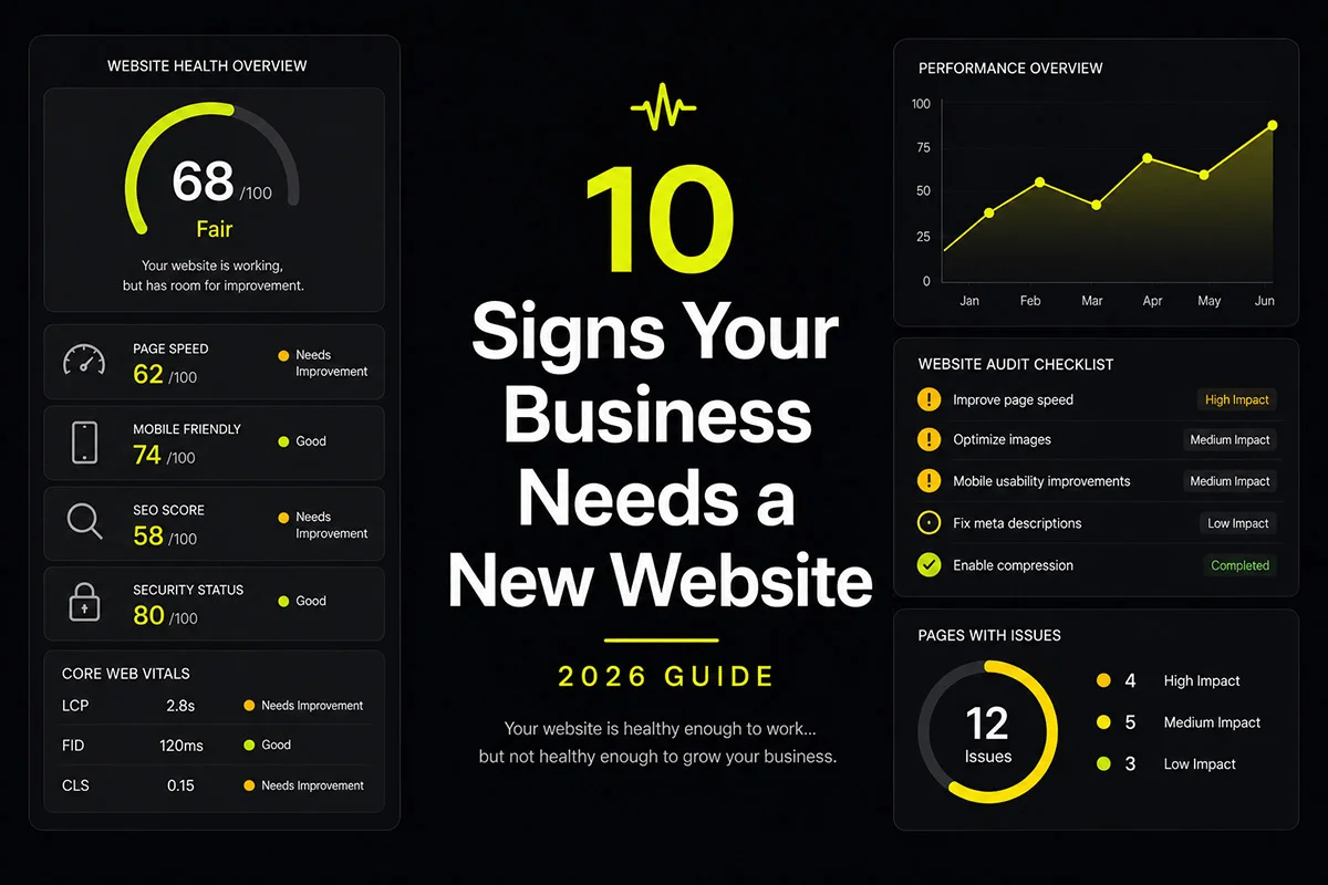 10 Signs Your Business Needs a New Website Website health dashboard highlighting signs that a business needs a new website