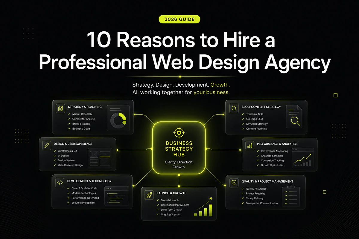 Professional Web Design Agency Professional web design agency workflow with strategy, planning, SEO, design, and project management elements
