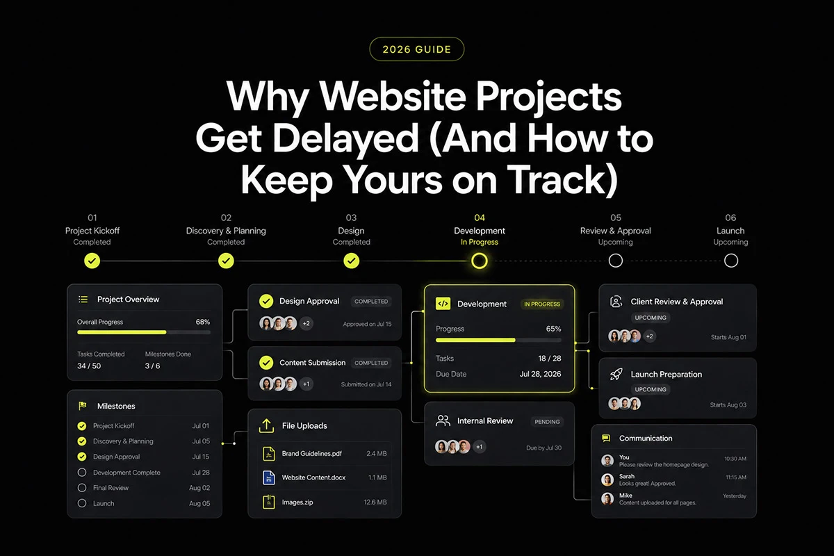 Website Project Delays Guide Professional website project workflow showing milestones and progress from planning to launch