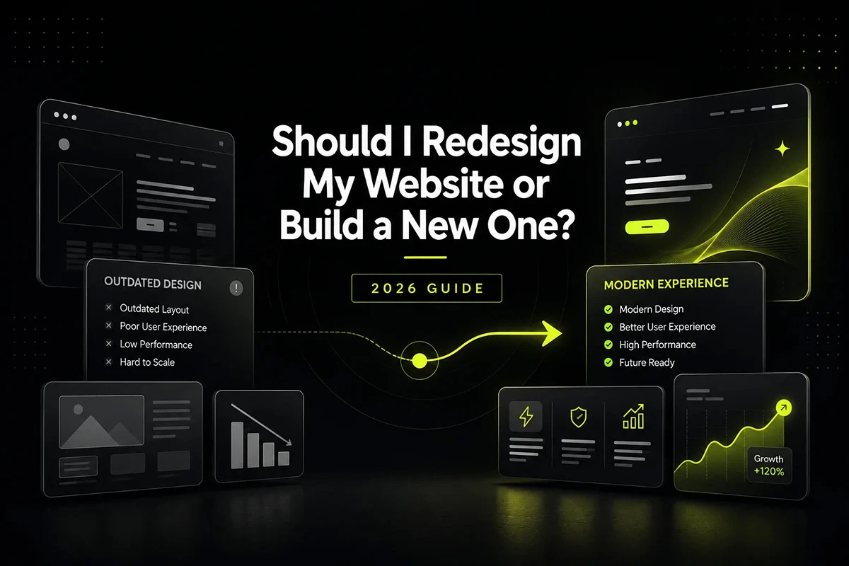 Website Redesign vs New Website Visual comparison between redesigning an existing business website and building a new professional website
